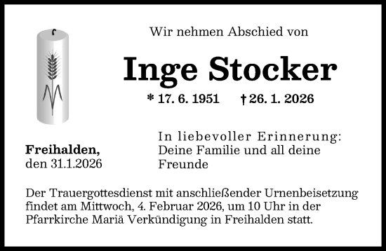 Traueranzeige von Inge Stocker von Günzburger Zeitung