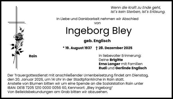 Traueranzeige von Ingeborg Bley von Donauwörther Zeitung