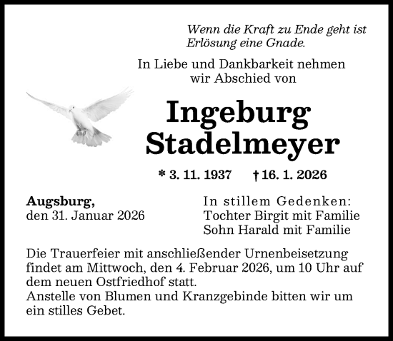 Traueranzeige von Ingeburg Stadelmeyer von Augsburger Allgemeine