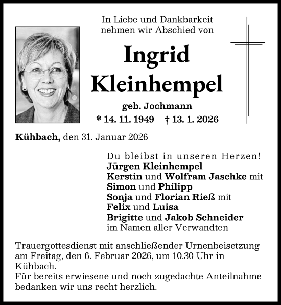 Traueranzeige von Ingrid Kleinhempel von Aichacher Nachrichten