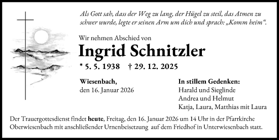 Traueranzeige von Ingrid Schnitzler von Mittelschwäbische Nachrichten
