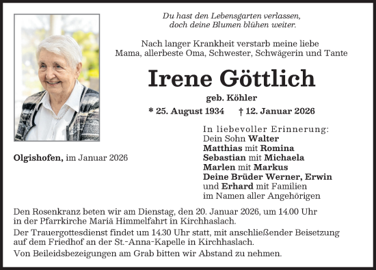 Traueranzeige von Irene Göttlich von Illertisser Zeitung