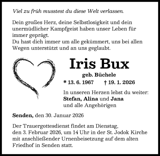 Traueranzeige von Iris Bux von Neu-Ulmer Zeitung