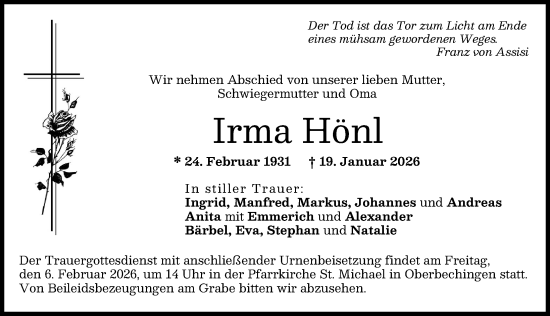 Traueranzeige von Irma Hönl von Donau Zeitung