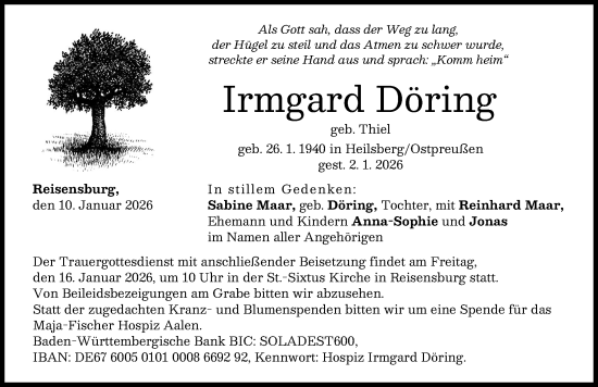 Traueranzeige von Irmgard Döring von Günzburger Zeitung