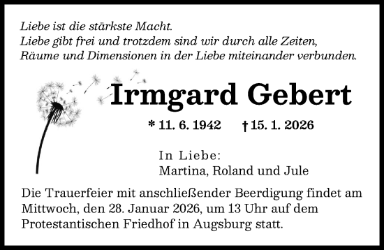 Traueranzeige von Irmgard Gebert von Augsburger Allgemeine