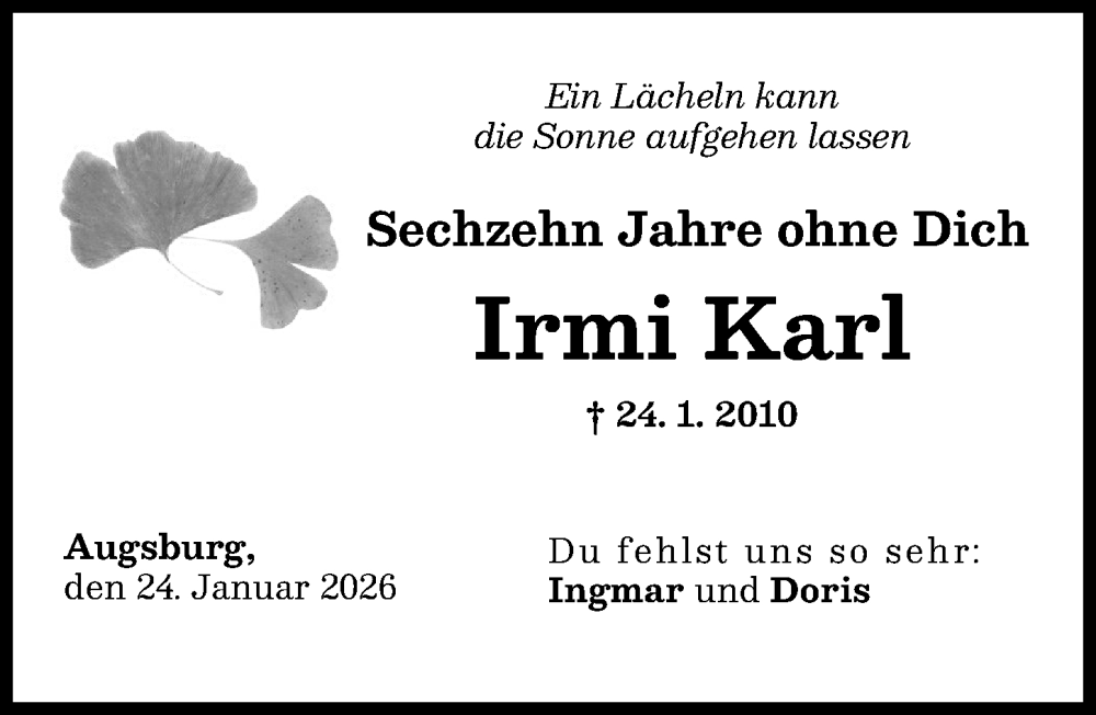  Traueranzeige für Irmi Karl vom 24.01.2026 aus Augsburger Allgemeine