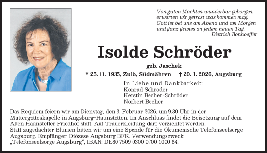Traueranzeige von Isolde Schröder von Augsburger Allgemeine