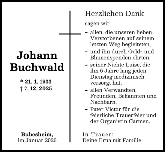 Traueranzeige von Johann Buchwald von Günzburger Zeitung