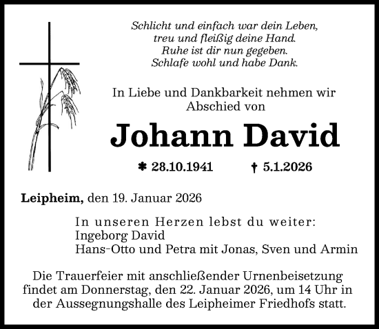 Traueranzeige von Johann David von Günzburger Zeitung