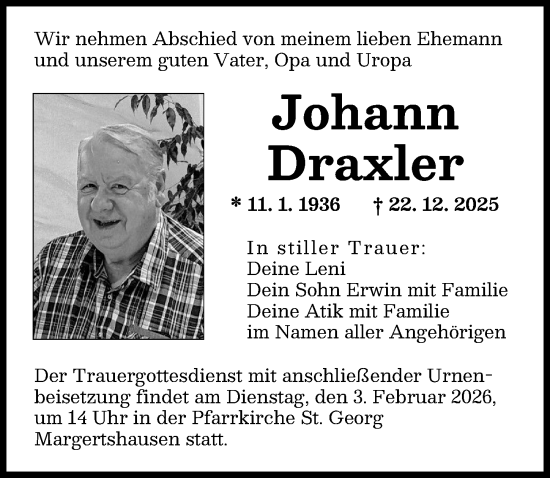 Traueranzeige von Johann Draxler von Augsburger Allgemeine