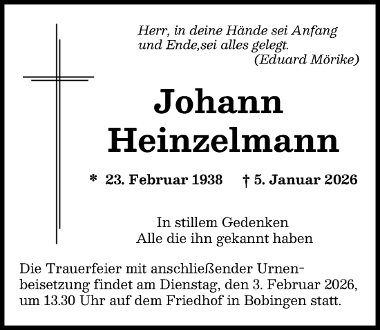 Traueranzeige von Johann Heinzelmann von Schwabmünchner Allgemeine