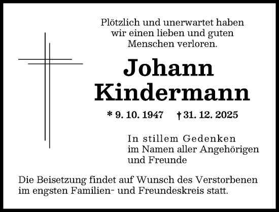 Traueranzeige von Johann Kindermann von Neu-Ulmer Zeitung
