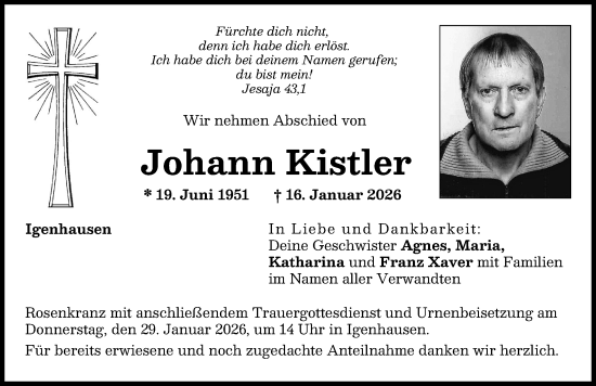 Traueranzeige von Johann Kistler von Aichacher Nachrichten