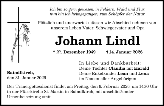 Traueranzeige von Johann Lindl von Friedberger Allgemeine