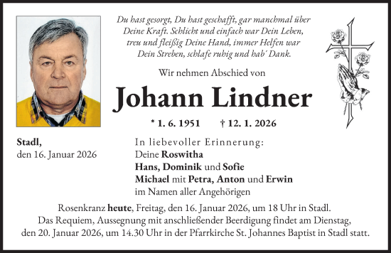 Traueranzeige von Johann Lindner von Landsberger Tagblatt
