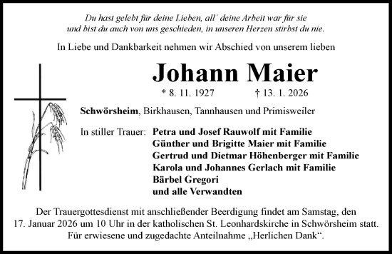 Traueranzeige von Johann Maier von Rieser Nachrichten