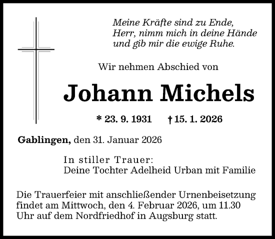 Traueranzeige von Johann Michels von Augsburger Allgemeine