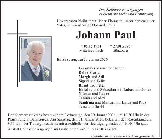 Traueranzeige von Johann Paul von Mittelschwäbische Nachrichten