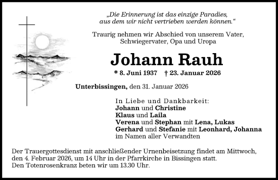 Traueranzeige von Johann Rauh von Donau Zeitung