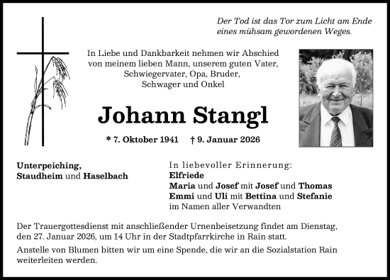 Traueranzeige von Johann Stangl von Donauwörther Zeitung, Neuburger Rundschau