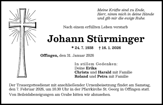 Traueranzeige von Johann Stürminger von Günzburger Zeitung
