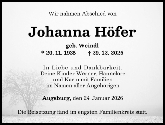 Traueranzeige von Johanna Höfer von Augsburger Allgemeine