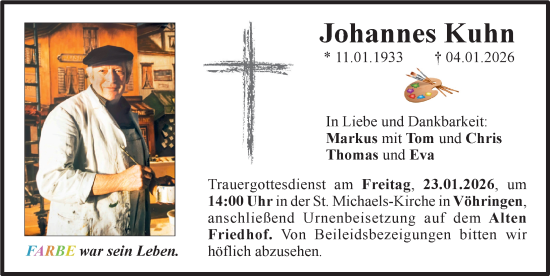 Traueranzeige von Johannes Kuhn von Neu-Ulmer Zeitung, Illertisser Zeitung