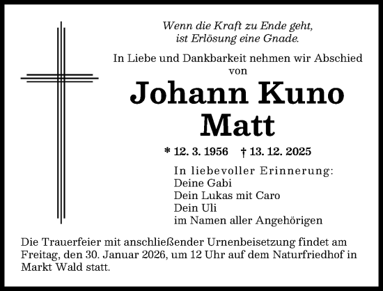 Traueranzeige von Johann Kuno Matt von Augsburger Allgemeine