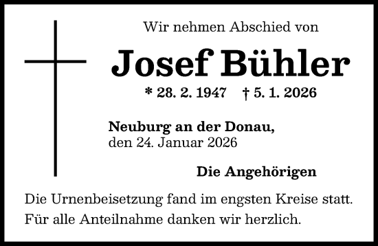 Traueranzeige von Josef Bühler von Neuburger Rundschau