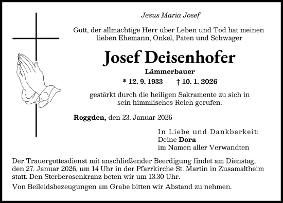 Traueranzeige von Josef Deisenhofer von Wertinger Zeitung, Donau Zeitung