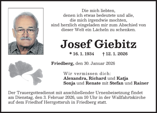 Traueranzeige von Josef Giebitz von Friedberger Allgemeine, Augsburger Allgemeine