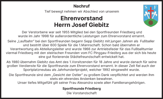 Traueranzeige von Josef Giebitz von Friedberger Allgemeine