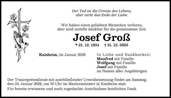 Traueranzeige von Josef Groß von Donauwörther Zeitung