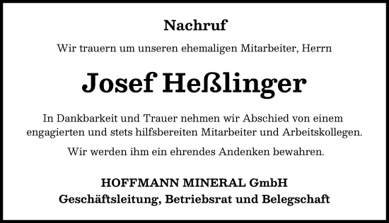 Traueranzeige von Josef Heßlinger von Neuburger Rundschau