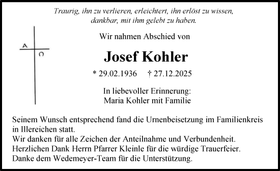 Traueranzeige von Josef Kohler von Illertisser Zeitung
