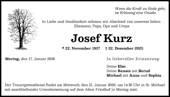 Traueranzeige von Josef Kurz von Friedberger Allgemeine
