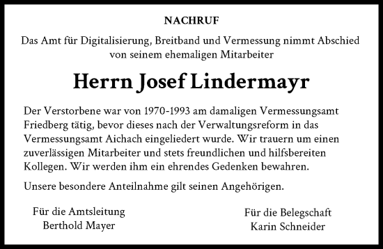 Traueranzeige von Josef Lindermayr von Friedberger Allgemeine