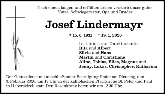 Traueranzeige von Josef Lindermayr von Friedberger Allgemeine
