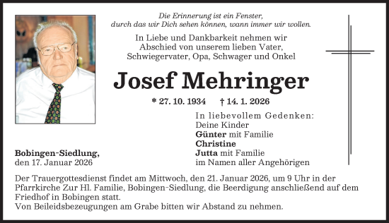 Traueranzeige von Josef Mehringer von Schwabmünchner Allgemeine