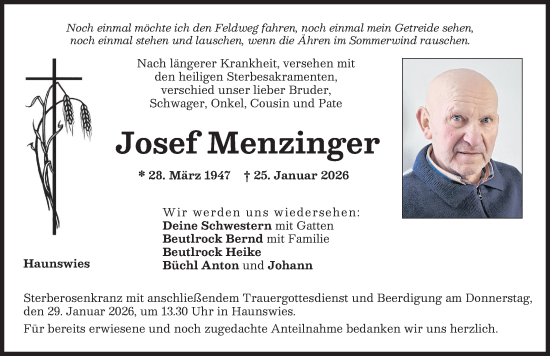 Traueranzeige von Josef Menzinger von Aichacher Nachrichten, Friedberger Allgemeine