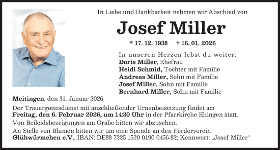 Traueranzeige von Josef Miller von Augsburg-Land, Wertinger Zeitung, Donauwörther Zeitung