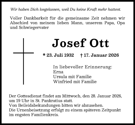 Traueranzeige von Josef Ott von Augsburger Allgemeine