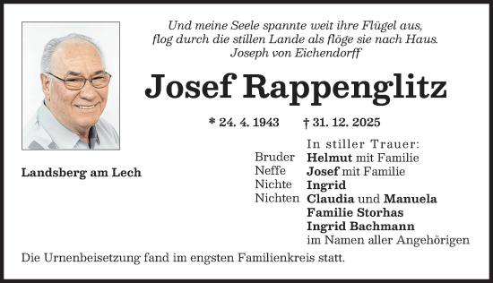 Traueranzeige von Josef Rappenglitz von Landsberger Tagblatt