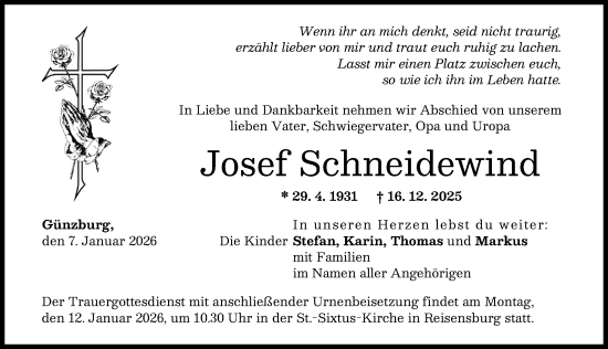Traueranzeige von Josef Schneidewind von Günzburger Zeitung