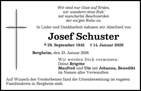 Traueranzeige von Josef Schuster von Donau Zeitung