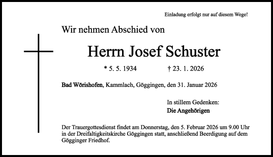 Traueranzeige von Josef Schuster von Mindelheimer Zeitung, Augsburger Allgemeine