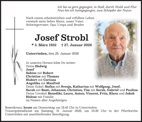 Traueranzeige von Josef Strobl von Mindelheimer Zeitung