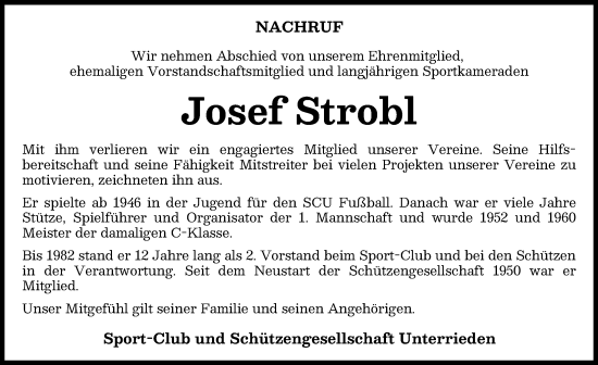 Traueranzeige von Josef Strobl von Mindelheimer Zeitung