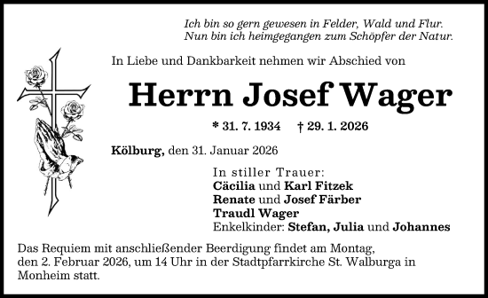 Traueranzeige von Josef Wager von Donauwörther Zeitung